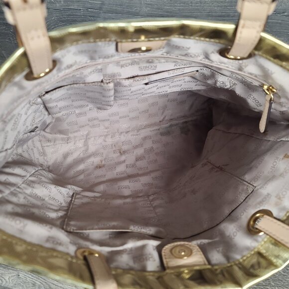 Michael Kors MK Logo Mirror Metallic Gold Monogram Luxury Tote Bag Purse Large - Picture 8 of 13